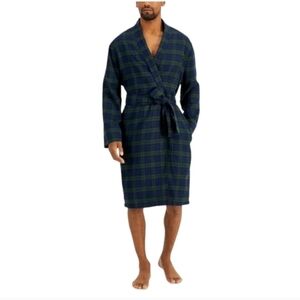 CLUB ROOM Men's Green Blue Plaid Long Sleeve Shawl Collar Flannel Robe size L/XL